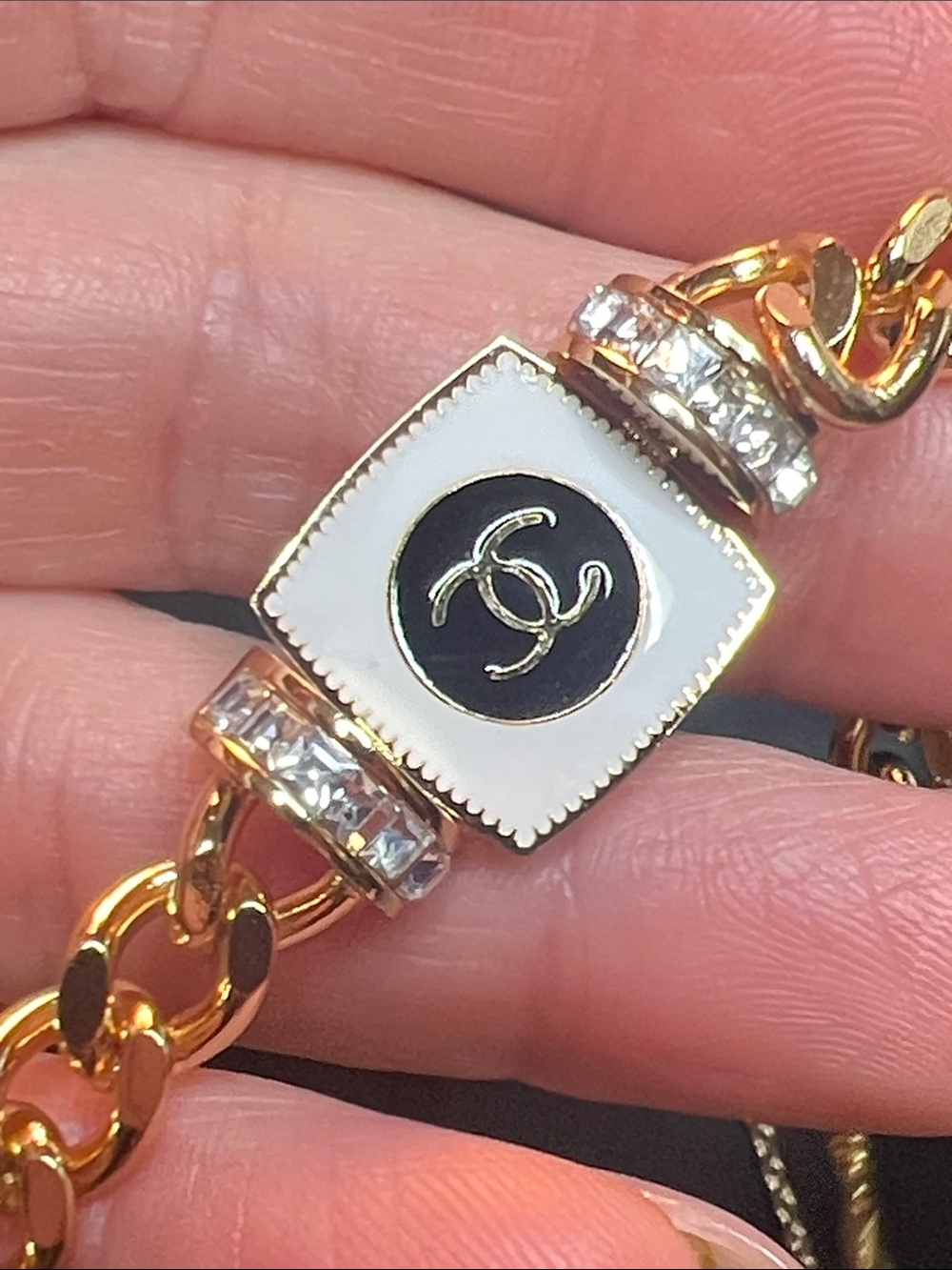 Gold-Tone Chain Bracelet with White Enamel Accent and Logo Detail - Picture 2 of 6
